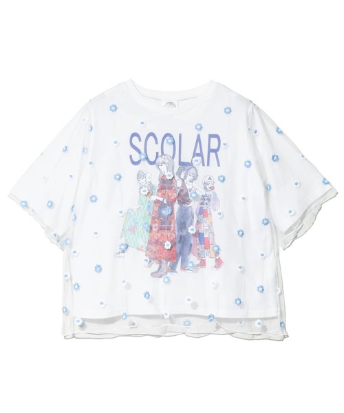 ScoLar(スカラー)の「ScoLar/スカラー 花刺繍 オーガンジー 重ねTEE(Tシャツ/カットソー・レディース・ホワイト/ブラック・FREE)」の2枚目の写真