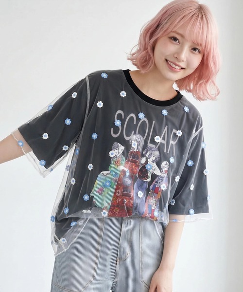 ScoLar(スカラー)の「ScoLar/スカラー 花刺繍 オーガンジー 重ねTEE(Tシャツ/カットソー・レディース・ホワイト/ブラック・FREE)」の1枚目の写真