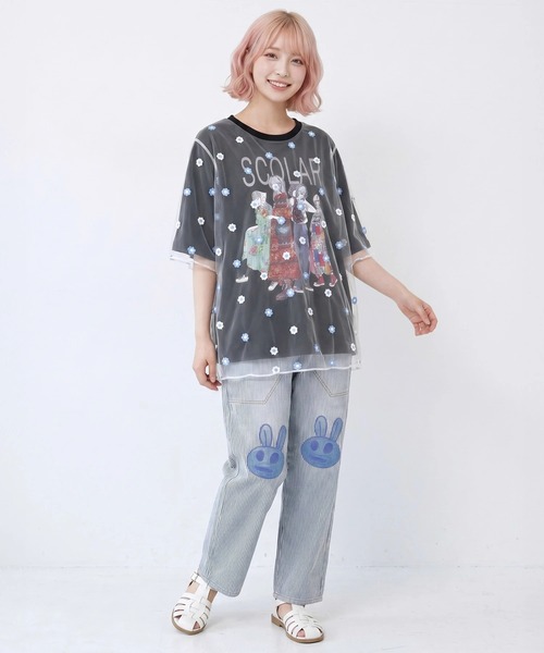 ScoLar(スカラー)の「ScoLar/スカラー 花刺繍 オーガンジー 重ねTEE(Tシャツ/カットソー・レディース・ホワイト/ブラック・FREE)」の11枚目の写真