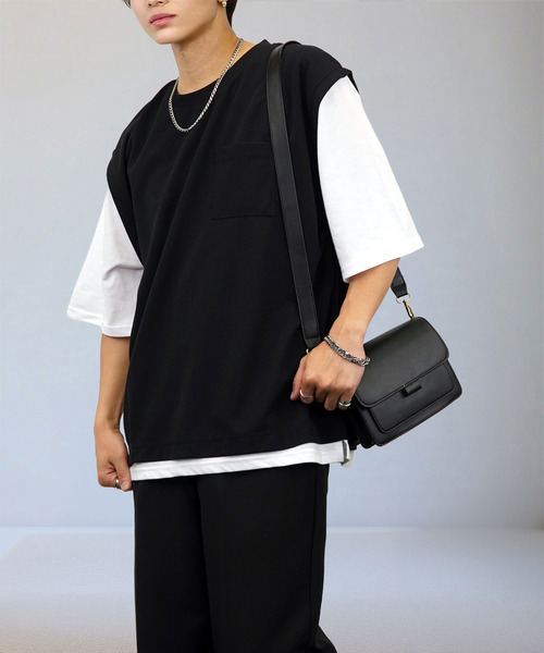 Ammie（アミー）の「無地 ルーズフィット レイヤードトップス Tシャツ（Tシャツ/カットソー・メンズ・ブラック・LL/L）」の4枚目の写真