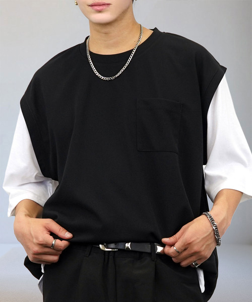 Ammie（アミー）の「無地 ルーズフィット レイヤードトップス Tシャツ（Tシャツ/カットソー・メンズ・ブラック・LL/L）」の6枚目の写真
