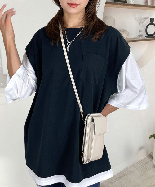 Ammie（アミー）の「無地 ルーズフィット レイヤードトップス Tシャツ（Tシャツ/カットソー・メンズ・ブラック・LL/L）」の7枚目の写真