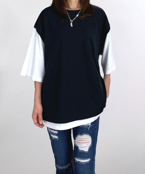 Ammie（アミー）の「無地 ルーズフィット レイヤードトップス Tシャツ（Tシャツ/カットソー・メンズ・ブラック・LL/L）」の8枚目の写真