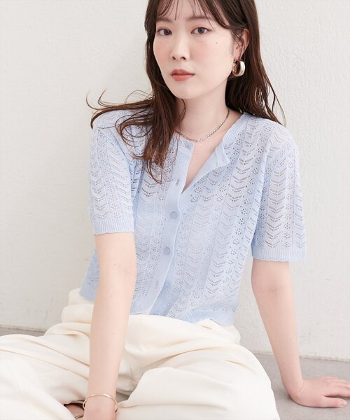 natural couture(ナチュラルクチュール)の「透かし編みニットカーディガン(カーディガン/ボレロ・レディース・レッド/ブラック/イエロー/オフホワイト/サックスブルー・FREE)」の8枚目の写真