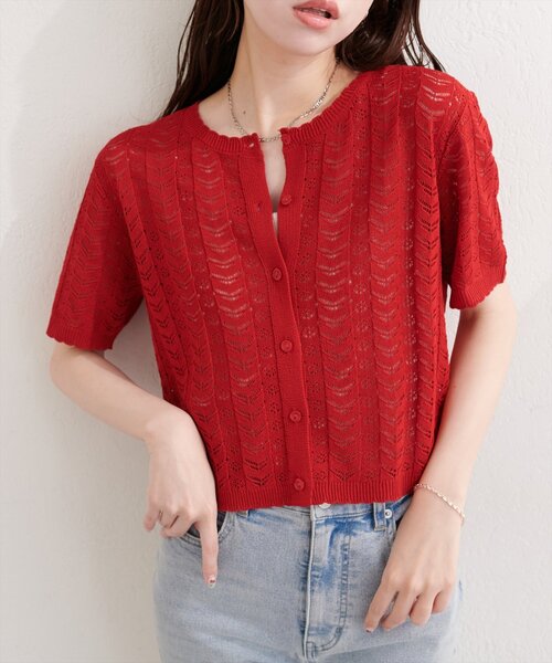 natural couture(ナチュラルクチュール)の「透かし編みニットカーディガン(カーディガン/ボレロ・レディース・レッド/ブラック/イエロー/オフホワイト/サックスブルー・FREE)」の16枚目の写真
