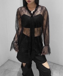 【LVEU.】リボンタイレーストップス / トップス シアー シースルー レース リボン フレアカフス オケージョン