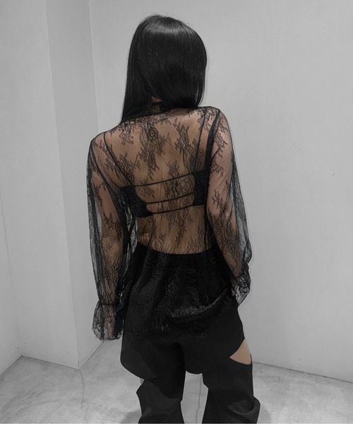 LVEU.(ラブユ.)の「【LVEU.】リボンタイレーストップス / トップス シアー シースルー レース リボン フレアカフス オケージョン(Tシャツ/カットソー・レディース・ブラック/ホワイト・FREE)」の7枚目の写真