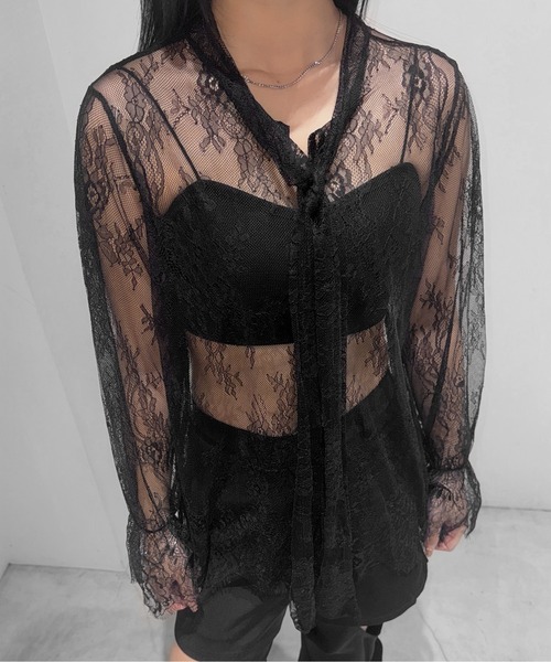 LVEU.(ラブユ.)の「【LVEU.】リボンタイレーストップス / トップス シアー シースルー レース リボン フレアカフス オケージョン(Tシャツ/カットソー・レディース・ブラック/ホワイト・FREE)」の8枚目の写真