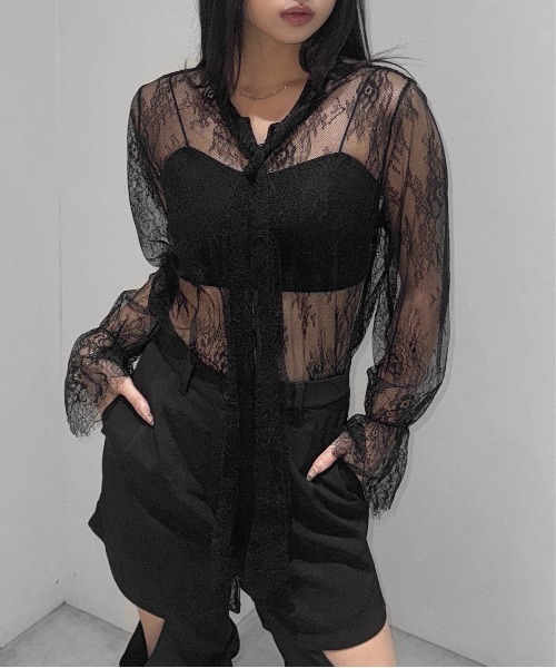 LVEU.(ラブユ.)の「【LVEU.】リボンタイレーストップス / トップス シアー シースルー レース リボン フレアカフス オケージョン(Tシャツ/カットソー・レディース・ブラック/ホワイト・FREE)」の12枚目の写真
