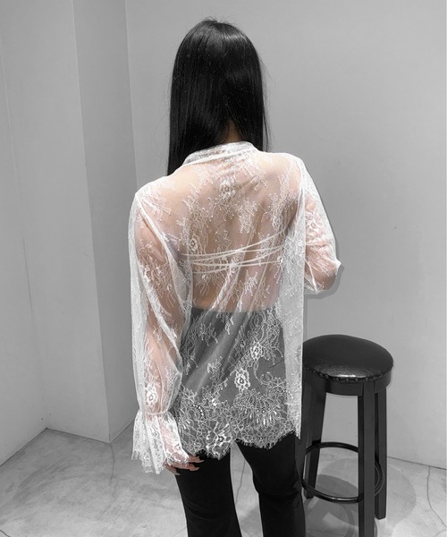 LVEU.(ラブユ.)の「【LVEU.】リボンタイレーストップス / トップス シアー シースルー レース リボン フレアカフス オケージョン(Tシャツ/カットソー・レディース・ブラック/ホワイト・FREE)」の18枚目の写真