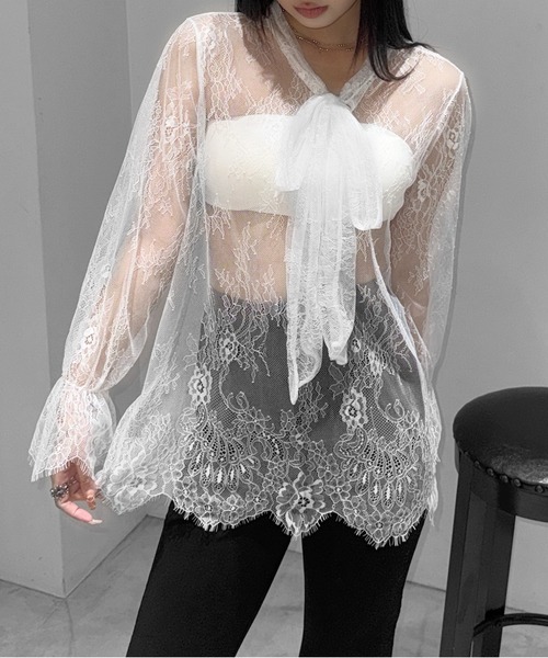 LVEU.(ラブユ.)の「【LVEU.】リボンタイレーストップス / トップス シアー シースルー レース リボン フレアカフス オケージョン(Tシャツ/カットソー・レディース・ブラック/ホワイト・FREE)」の20枚目の写真