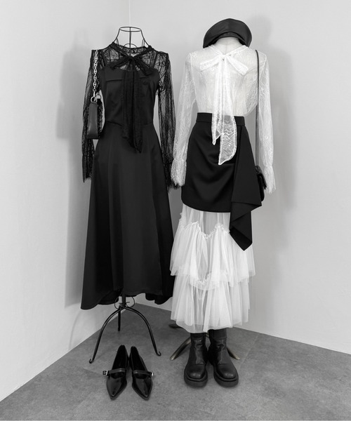 LVEU.(ラブユ.)の「【LVEU.】リボンタイレーストップス / トップス シアー シースルー レース リボン フレアカフス オケージョン(Tシャツ/カットソー・レディース・ブラック/ホワイト・FREE)」の22枚目の写真
