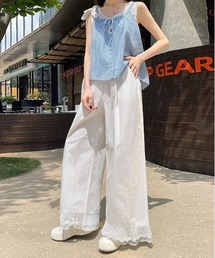 裾シアーレースレイヤードワイドパンツ