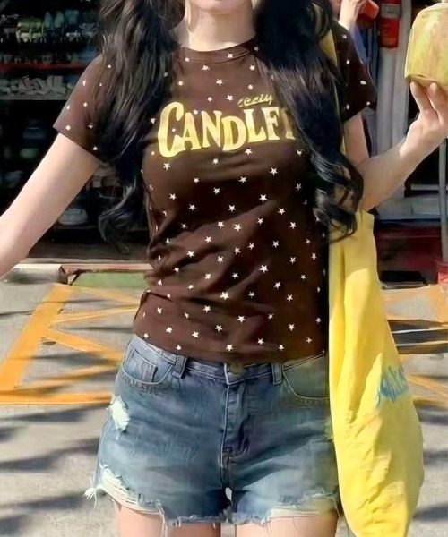 SHEPP(シープ)の「星柄プリントフロントロゴアソート 半袖Tシャツ タイトフィット ピチT(Tシャツ/カットソー・レディース・ピンク/ブラウン/ブルー・M/S)」の5枚目の写真