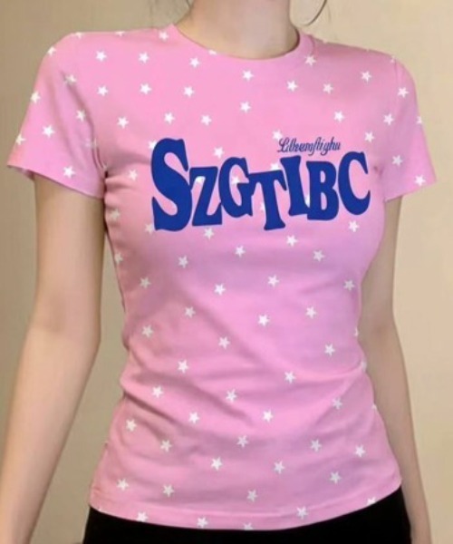 SHEPP(シープ)の「星柄プリントフロントロゴアソート 半袖Tシャツ タイトフィット ピチT(Tシャツ/カットソー・レディース・ピンク/ブラウン/ブルー・M/S)」の21枚目の写真