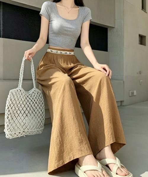 Miniministore（ミニミニストア）の「リゾートワイドパンツガウチョフレアパンツ（デニムパンツ・レディース・ネイビー/ブラック/ライトブルー/キャメル/ライトベージュ・FREE）」の19枚目の写真
