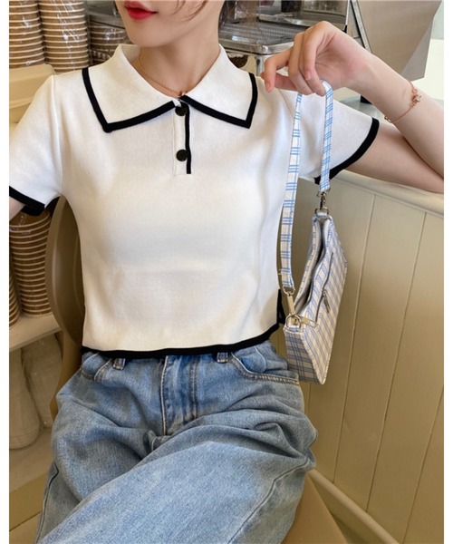CHEER(チアー)の「【バイカラーライン】配色ツートン 衿付きミニ丈サマーニットトップス(Tシャツ/カットソー・レディース・ホワイト/グリーン/ブラック/ピンク・FREE)」の1枚目の写真