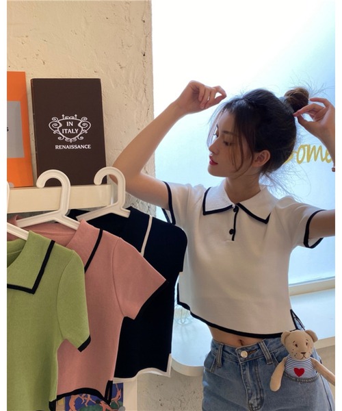 CHEER(チアー)の「【バイカラーライン】配色ツートン 衿付きミニ丈サマーニットトップス(Tシャツ/カットソー・レディース・ホワイト/グリーン/ブラック/ピンク・FREE)」の6枚目の写真