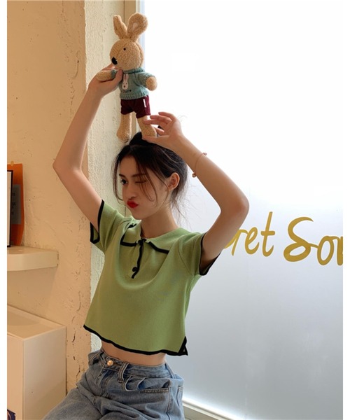 CHEER(チアー)の「【バイカラーライン】配色ツートン 衿付きミニ丈サマーニットトップス(Tシャツ/カットソー・レディース・ホワイト/グリーン/ブラック/ピンク・FREE)」の8枚目の写真