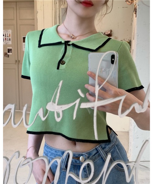 CHEER(チアー)の「【バイカラーライン】配色ツートン 衿付きミニ丈サマーニットトップス(Tシャツ/カットソー・レディース・ホワイト/グリーン/ブラック/ピンク・FREE)」の9枚目の写真