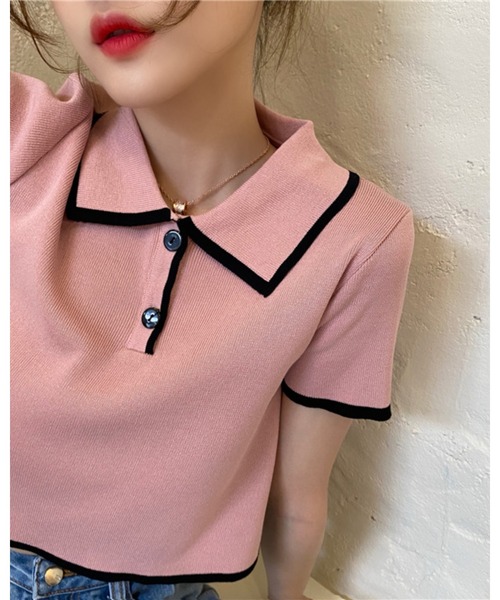 CHEER(チアー)の「【バイカラーライン】配色ツートン 衿付きミニ丈サマーニットトップス(Tシャツ/カットソー・レディース・ホワイト/グリーン/ブラック/ピンク・FREE)」の13枚目の写真