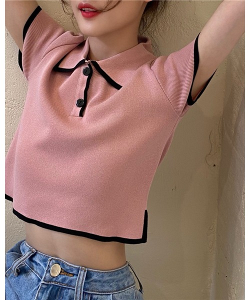 CHEER(チアー)の「【バイカラーライン】配色ツートン 衿付きミニ丈サマーニットトップス(Tシャツ/カットソー・レディース・ホワイト/グリーン/ブラック/ピンク・FREE)」の14枚目の写真