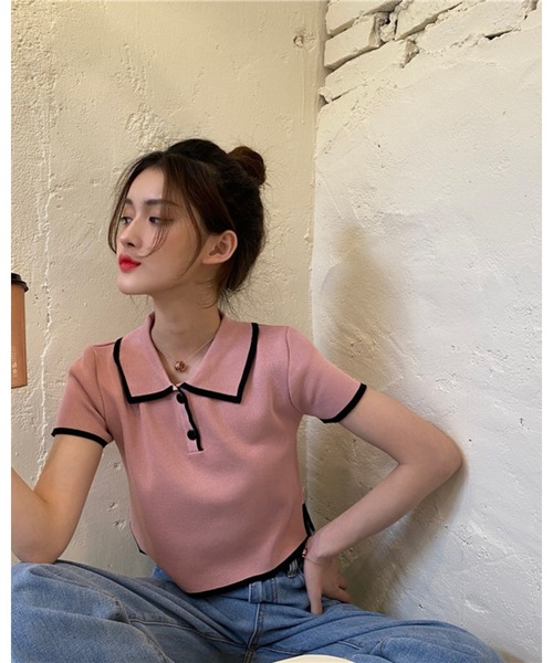 CHEER(チアー)の「【バイカラーライン】配色ツートン 衿付きミニ丈サマーニットトップス(Tシャツ/カットソー・レディース・ホワイト/グリーン/ブラック/ピンク・FREE)」の15枚目の写真