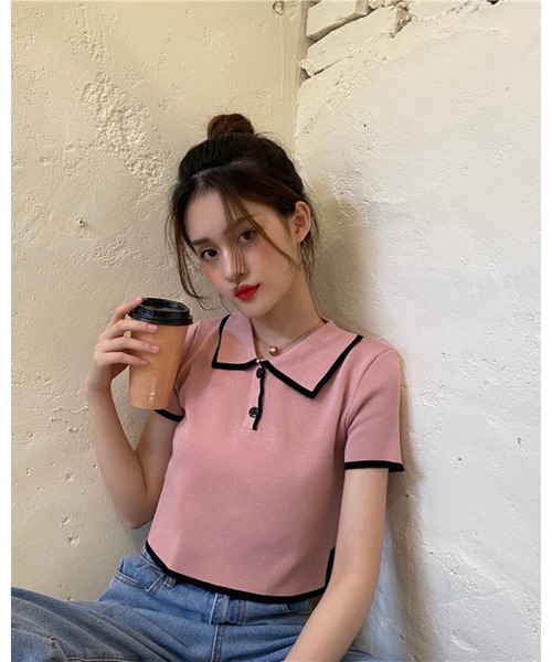 CHEER(チアー)の「【バイカラーライン】配色ツートン 衿付きミニ丈サマーニットトップス(Tシャツ/カットソー・レディース・ホワイト/グリーン/ブラック/ピンク・FREE)」の16枚目の写真