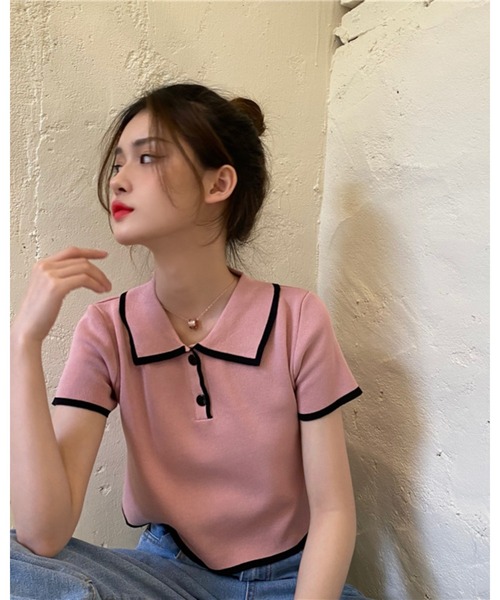 CHEER(チアー)の「【バイカラーライン】配色ツートン 衿付きミニ丈サマーニットトップス(Tシャツ/カットソー・レディース・ホワイト/グリーン/ブラック/ピンク・FREE)」の17枚目の写真