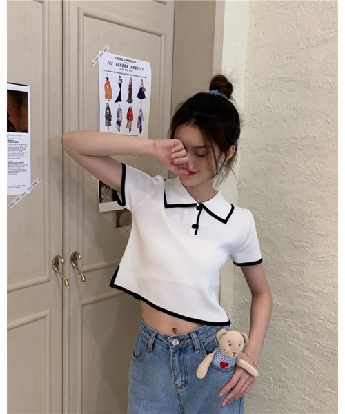 CHEER(チアー)の「【バイカラーライン】配色ツートン 衿付きミニ丈サマーニットトップス(Tシャツ/カットソー・レディース・ホワイト/グリーン/ブラック/ピンク・FREE)」の18枚目の写真