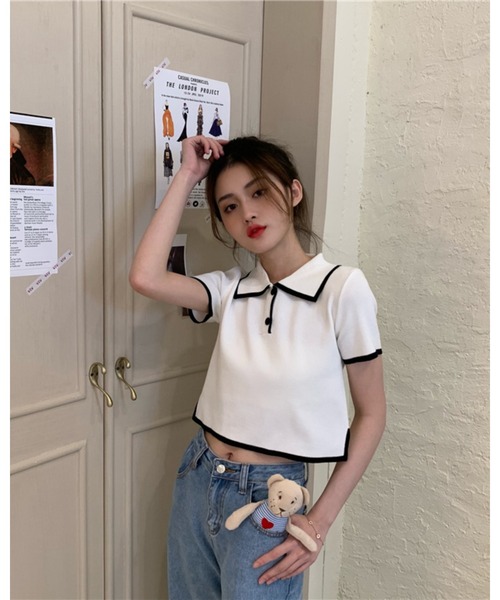 CHEER(チアー)の「【バイカラーライン】配色ツートン 衿付きミニ丈サマーニットトップス(Tシャツ/カットソー・レディース・ホワイト/グリーン/ブラック/ピンク・FREE)」の19枚目の写真