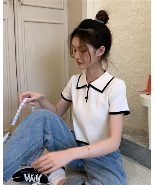 CHEER(チアー)の「【バイカラーライン】配色ツートン 衿付きミニ丈サマーニットトップス(Tシャツ/カットソー・レディース・ホワイト/グリーン/ブラック/ピンク・FREE)」の20枚目の写真