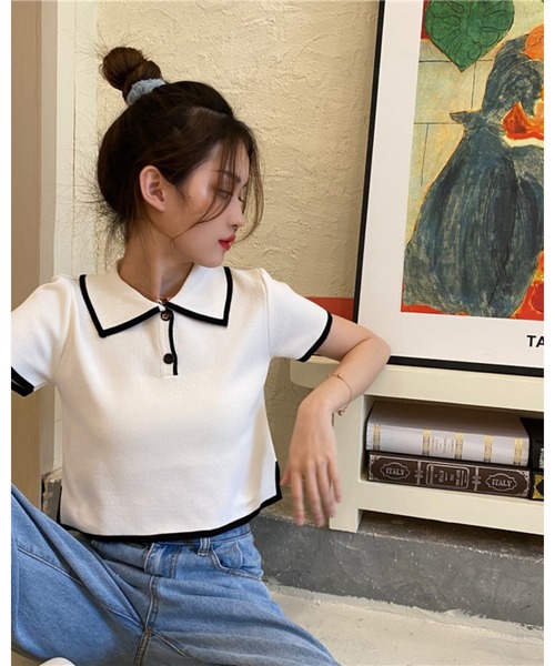 CHEER(チアー)の「【バイカラーライン】配色ツートン 衿付きミニ丈サマーニットトップス(Tシャツ/カットソー・レディース・ホワイト/グリーン/ブラック/ピンク・FREE)」の21枚目の写真