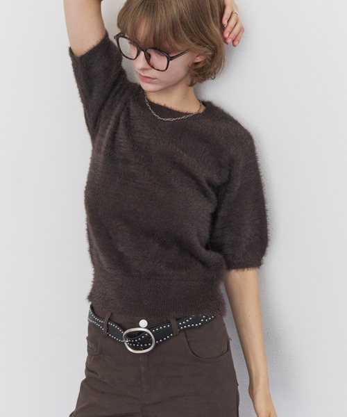 Rohwel(ローウェル)の「Feather Yarn Short Sleeve Knit / フェザーヤーンショートスリーブニット(ニット/セーター・レディース・アイボリー/ブラウン/ブラック・FREE)」の3枚目の写真