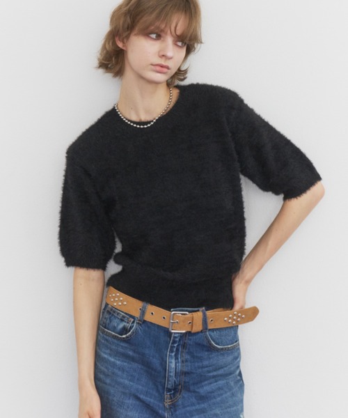 Rohwel(ローウェル)の「Feather Yarn Short Sleeve Knit / フェザーヤーンショートスリーブニット(ニット/セーター・レディース・アイボリー/ブラウン/ブラック・FREE)」の2枚目の写真