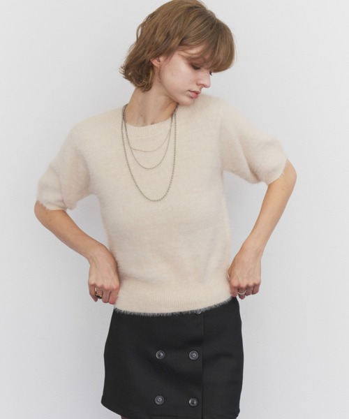 Rohwel(ローウェル)の「Feather Yarn Short Sleeve Knit / フェザーヤーンショートスリーブニット(ニット/セーター・レディース・アイボリー/ブラウン/ブラック・FREE)」の6枚目の写真