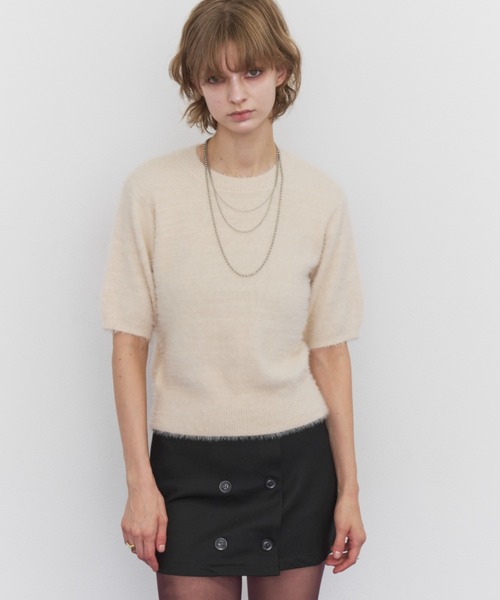 Rohwel(ローウェル)の「Feather Yarn Short Sleeve Knit / フェザーヤーンショートスリーブニット(ニット/セーター・レディース・アイボリー/ブラウン/ブラック・FREE)」の4枚目の写真