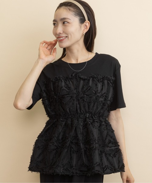 lodie(ロディ)の「ジャガードビスチェ・レイヤード風T(Tシャツ/カットソー・レディース・アイボリー/ブラック・FREE)」の1枚目の写真