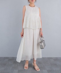 ドット柄シアーノースリーブセットアップ風ワンピース