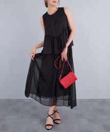 ドット柄シアーノースリーブセットアップ風ワンピース