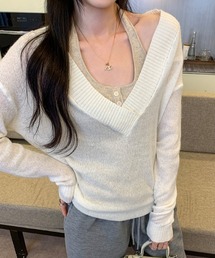 ホルターネック フェイクレイヤード ウール混 タイトニットトップス