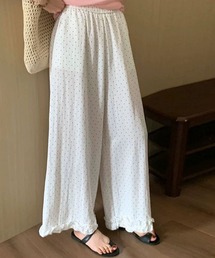 裾フリルドット柄ワイドイージーパンツ