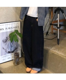 [W] カーブドワイド インディゴステッチ デニムパンツ