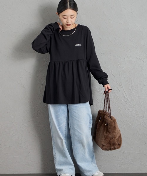 T/C針織 點綴Logo刺繡 腰部抽褶長袖T恤