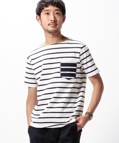 BEAMS（ビームス）の「BEAMS / ボーダー パッチポケット Tee（Tシャツ/カットソー・メンズ・ホワイト/ベージュ・X-LARGE/MEDIUM/SMALL/LARGE）」の4枚目の写真