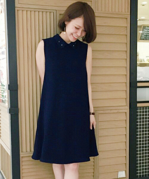 mysty woman（ミスティウーマン）の「ジョーゼット襟刺繍Aラインワンピース（ワンピース・レディース・ネイビー/ピンク/オフホワイト・FREE）」の3枚目の写真