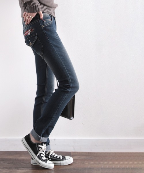 セール】レッドジッパー×ヴィンテージ加工 ストレッチスキニーデニム