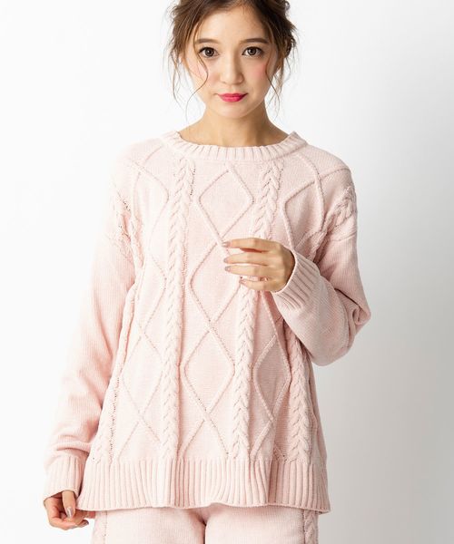 fran de lingerie(フランデランジェリー)の「teddy knit テディニット ケーブル編みプルオーバー(ルームウェア/パジャマ・レディース・オフホワイト/ピンク/モカ・M-L)」の9枚目の写真