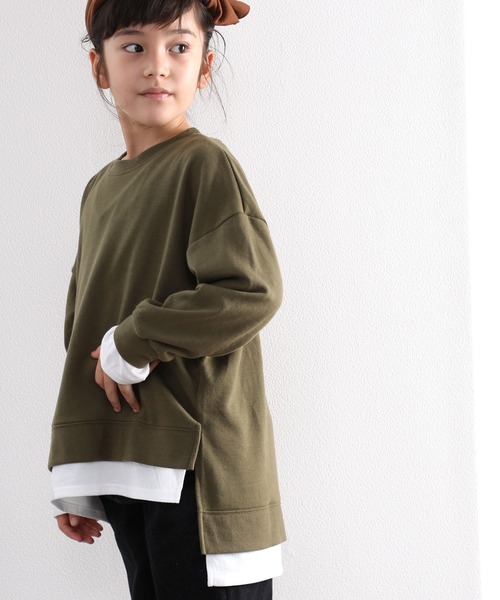 classicalelf(クラシカルエルフ)の「キッズ レイヤード風ミドル丈無地ビッグシルエットクルーネックトレーナー(長袖)(スウェット・キッズ・チャコールグレー/ブラック/ベージュ/カーキ/モカ・130/140/150)」の5枚目の写真