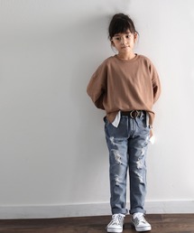 キッズ レイヤード風ミドル丈無地ビッグシルエットクルーネックトレーナー(長袖)